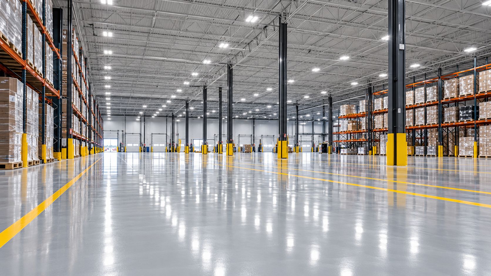 Distribution warehouse with light grey epoxy floor and yellow safety lines